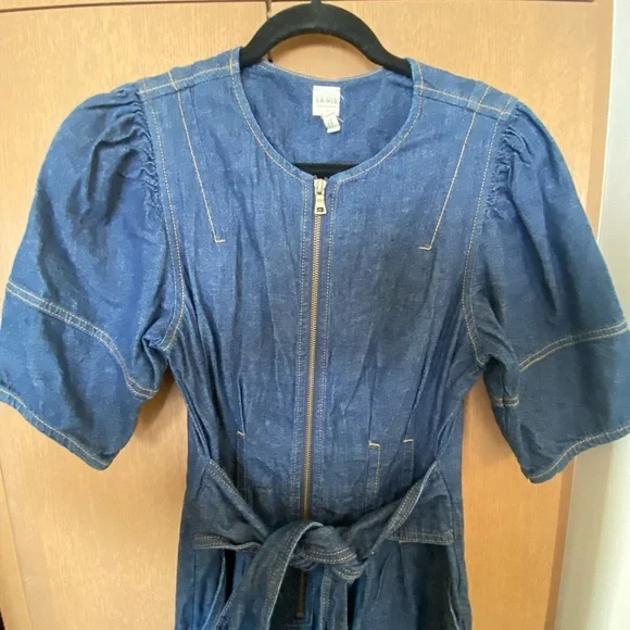 LA VIE REBECCA TAYLOR Puff Sleeve Denim Jumpsuit Sz Medium Pants Jumpsuits